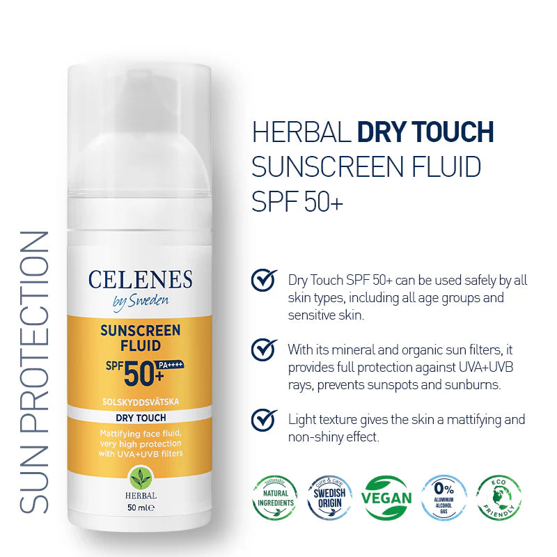 Celenes sunscreen fluid spf50+ - واقي شمس سائل للبشرة الجافة