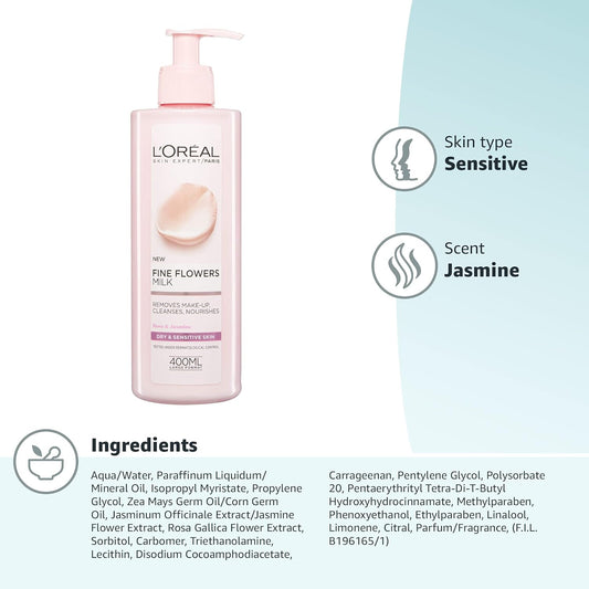 L'oreal fine flowers milk removes make-up, cleanses 400ml - حليب لوريال للزهور النقية مزيل للمكياج ومنظف 400 مل