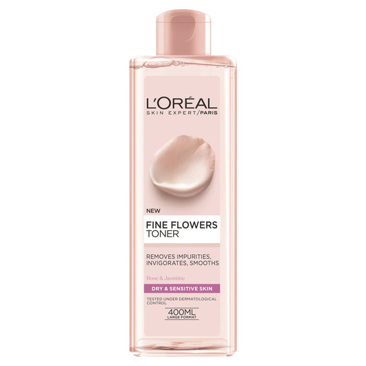 L’oreal fine flowers toner removes impurities, smooths 400ml - تونر الزهور النقية من لوريال لإزالة الشوائب وتنعيم البشرة 400 مل