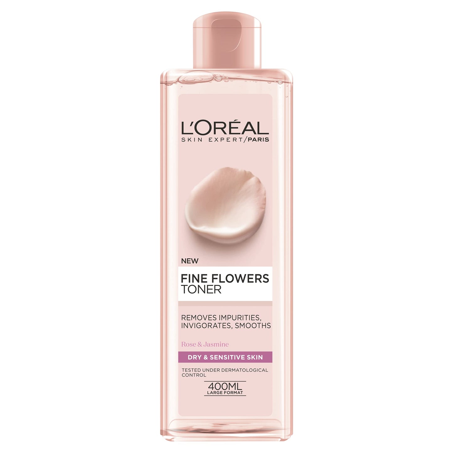 L’oreal fine flowers toner removes impurities, smooths 400ml - تونر الزهور النقية من لوريال لإزالة الشوائب وتنعيم البشرة 400 مل