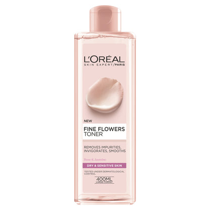 L’oreal fine flowers toner removes impurities, smooths 400ml - تونر الزهور النقية من لوريال لإزالة الشوائب وتنعيم البشرة 400 مل