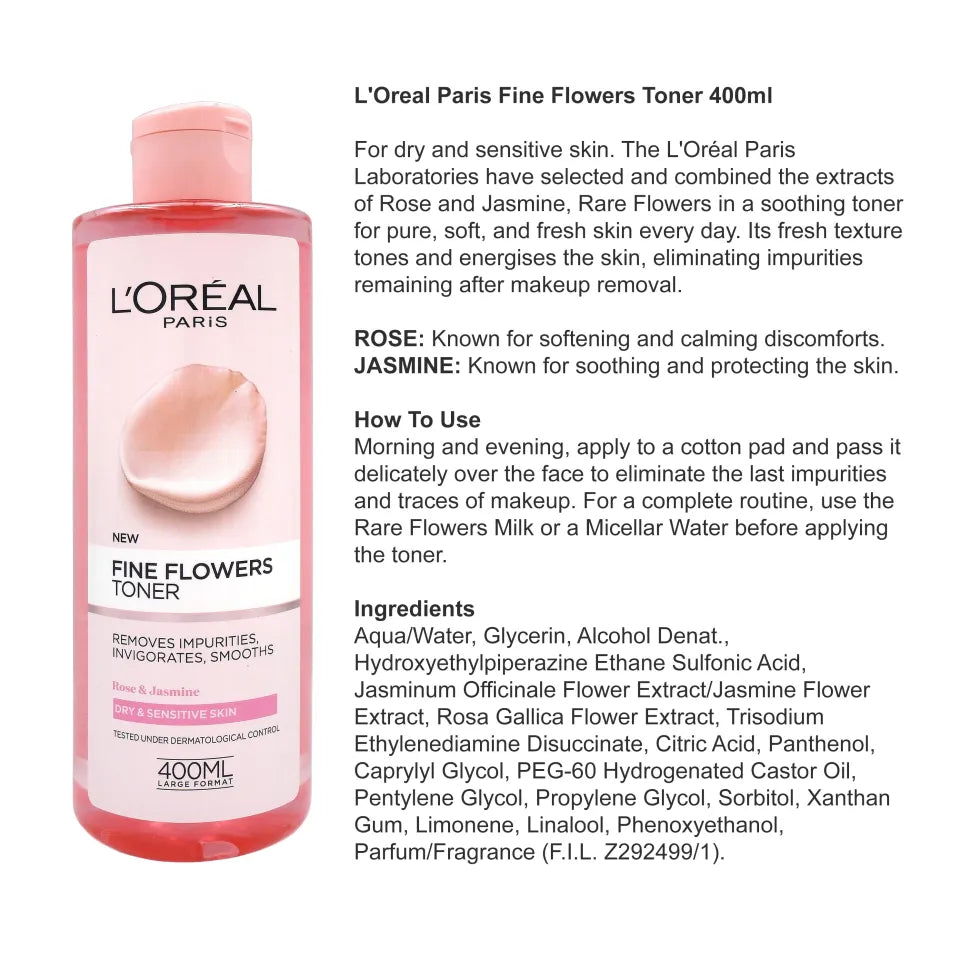 L’oreal fine flowers toner removes impurities, smooths 400ml - تونر الزهور النقية من لوريال لإزالة الشوائب وتنعيم البشرة 400 مل