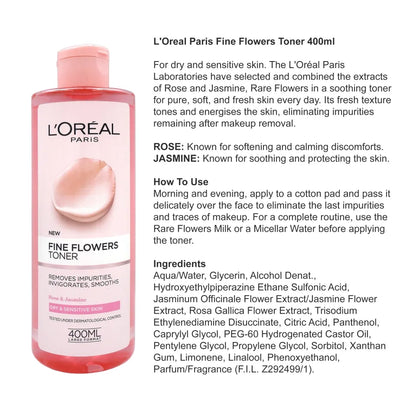 L’oreal fine flowers toner removes impurities, smooths 400ml - تونر الزهور النقية من لوريال لإزالة الشوائب وتنعيم البشرة 400 مل