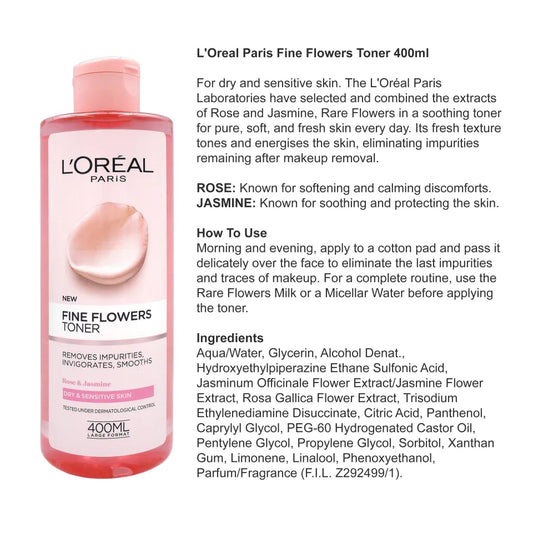 L’oreal fine flowers toner removes impurities, smooths 400ml - تونر الزهور النقية من لوريال لإزالة الشوائب وتنعيم البشرة 400 مل