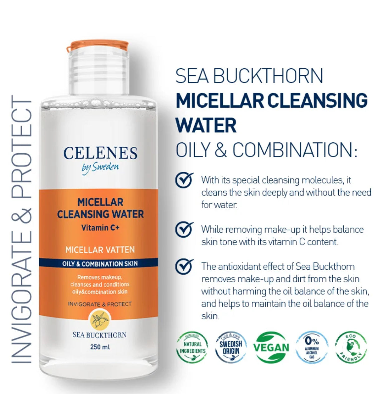 CELENES by Sweden Micellar Cleansing Water Vitamin C+ - ماء ميسيلار لازالة المكياج والدهون من البشرة