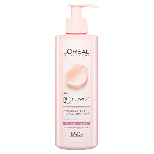 L'oreal fine flowers milk removes make-up, cleanses 400ml - حليب لوريال للزهور النقية مزيل للمكياج ومنظف 400 مل