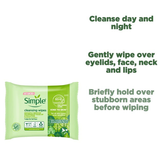 Simple cleansing wipes instantly removes for all skin types even sensitive - مناديل التنظيف من سيمبل تزيل المكياج فوراً لجميع أنواع البشرة حتى الحساسة.