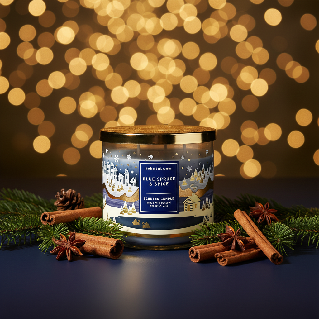 Bath & Body Works Blue Spruce & Spice scented  Candle 411g - شمعة معطرة بأجواء شتائية بثلاث فتائل من باث اند بودي
