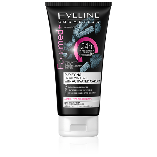 Eveline Facemed+ Purifying Facial Wash Gel with Activated Carbon (3 in 1)- جل غسول الوجه المنقي بالفحم